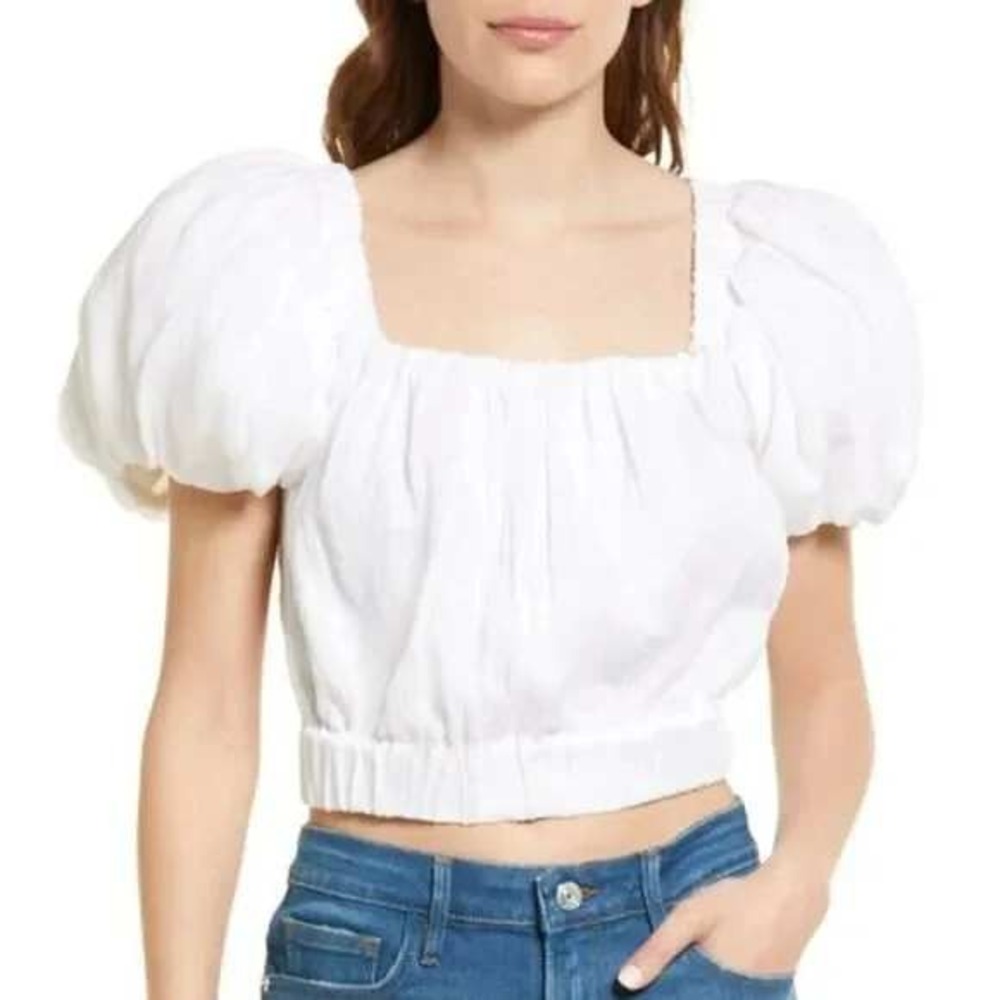 Frame Ruched Crop Puff Sleeve Blouse in Blanc Size Medium NWOT